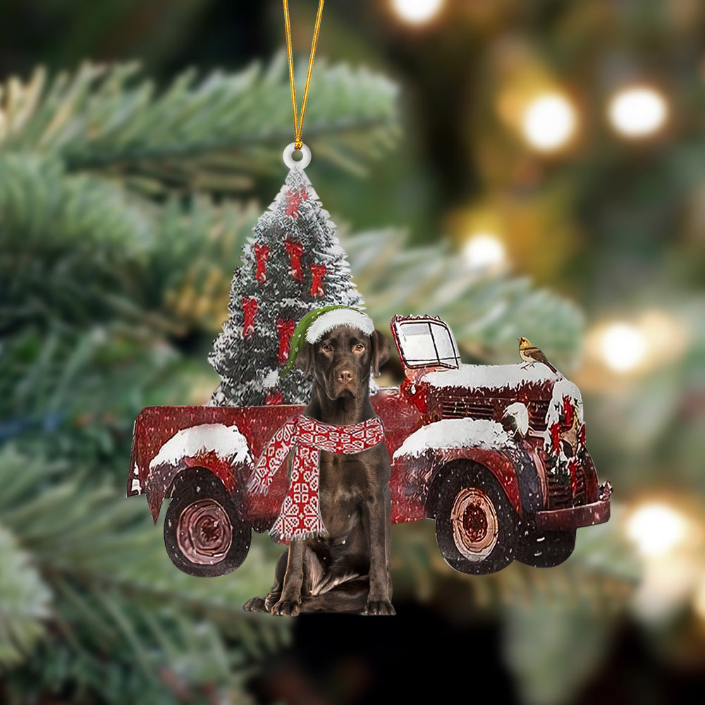 Chocolate Labrador 1-Christmas Truck Two Sided Ornament