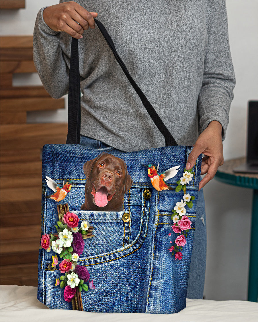 Chocolate Labrador-Cardinal &amp; Cross Flower Cloth Tote Bag