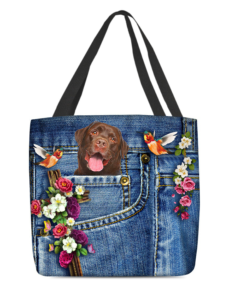Chocolate Labrador-Cardinal &amp; Cross Flower Cloth Tote Bag