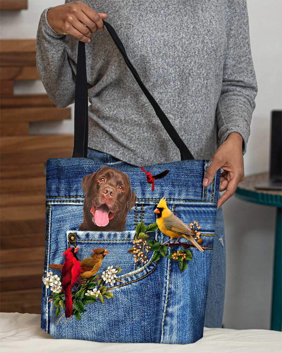 Chocolate Labrador-Cardinal &amp; Dog Cloth Tote Bag