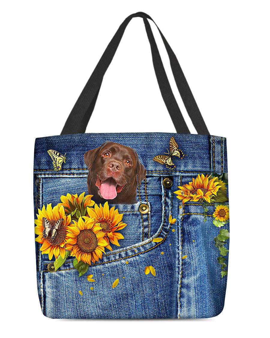 Chocolate Labrador-Sunflowers &amp; Butterflies Cloth Tote Bag