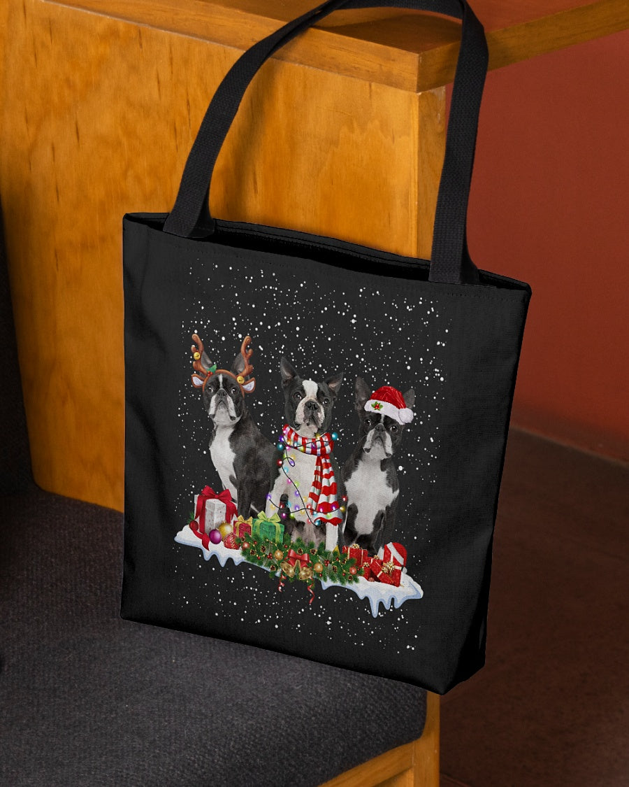 Christmas Buddies-BLACK Boston Terrier-Cloth Tote Bag