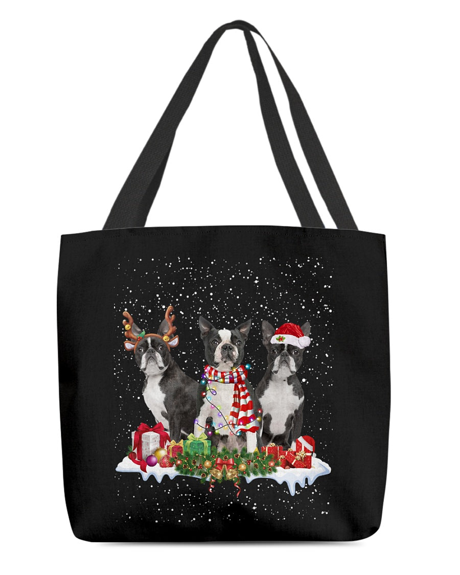 Christmas Buddies-BLACK Boston Terrier-Cloth Tote Bag