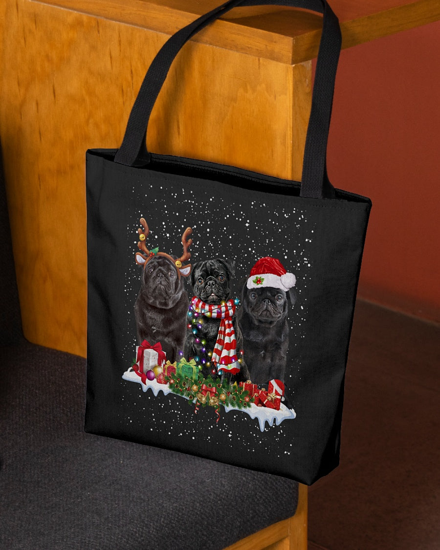Christmas Buddies-BLACK Pug-Cloth Tote Bag