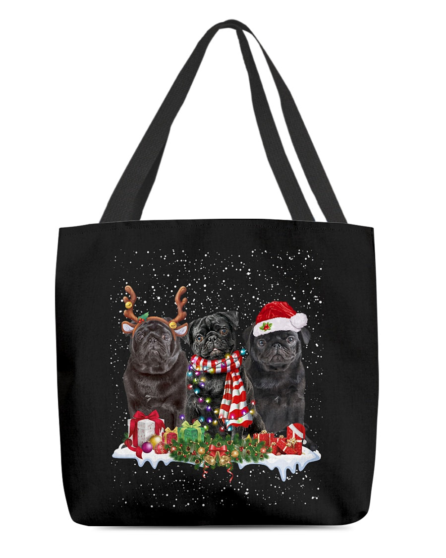 Christmas Buddies-BLACK Pug-Cloth Tote Bag