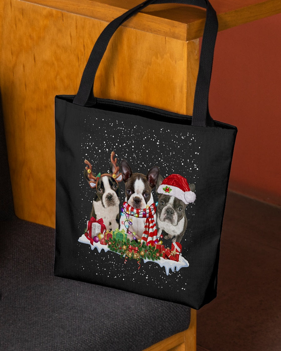 Christmas Buddies-BRINDLE Boston Terrier-Cloth Tote Bag
