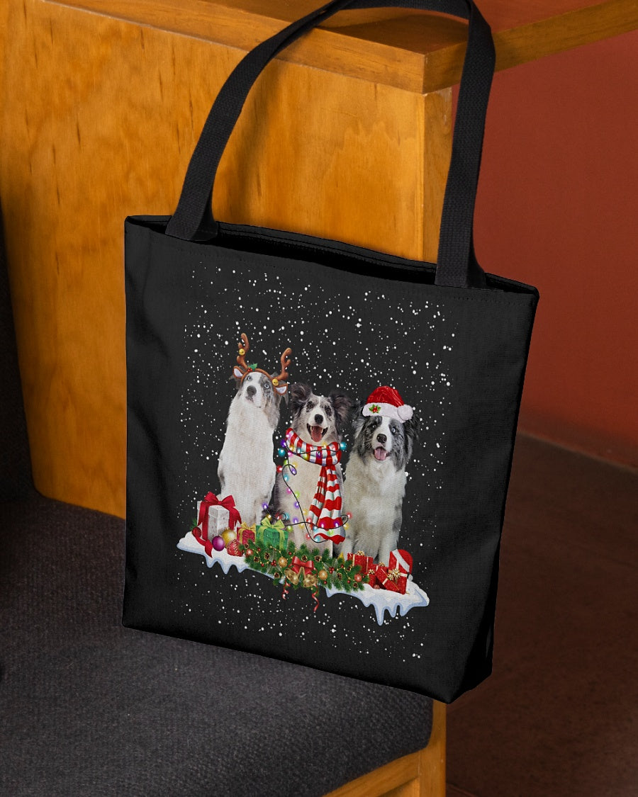 Christmas Buddies-Blue Merle Collie-Cloth Tote Bag