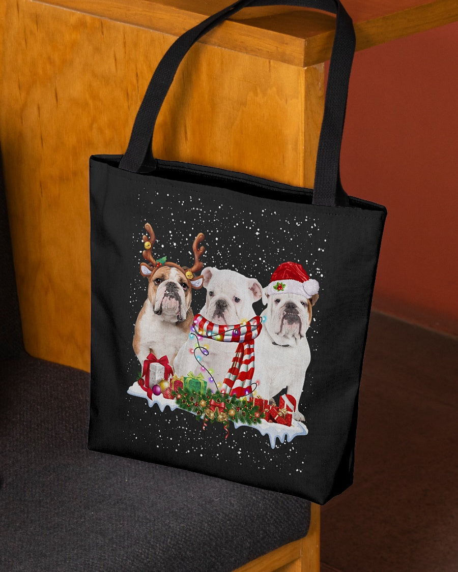 Christmas Buddies-English Bulldog-Cloth Tote Bag