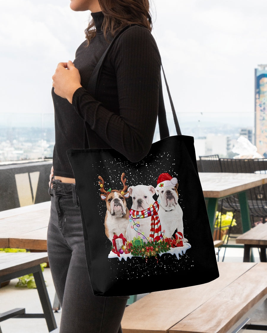 Christmas Buddies-English Bulldog-Cloth Tote Bag