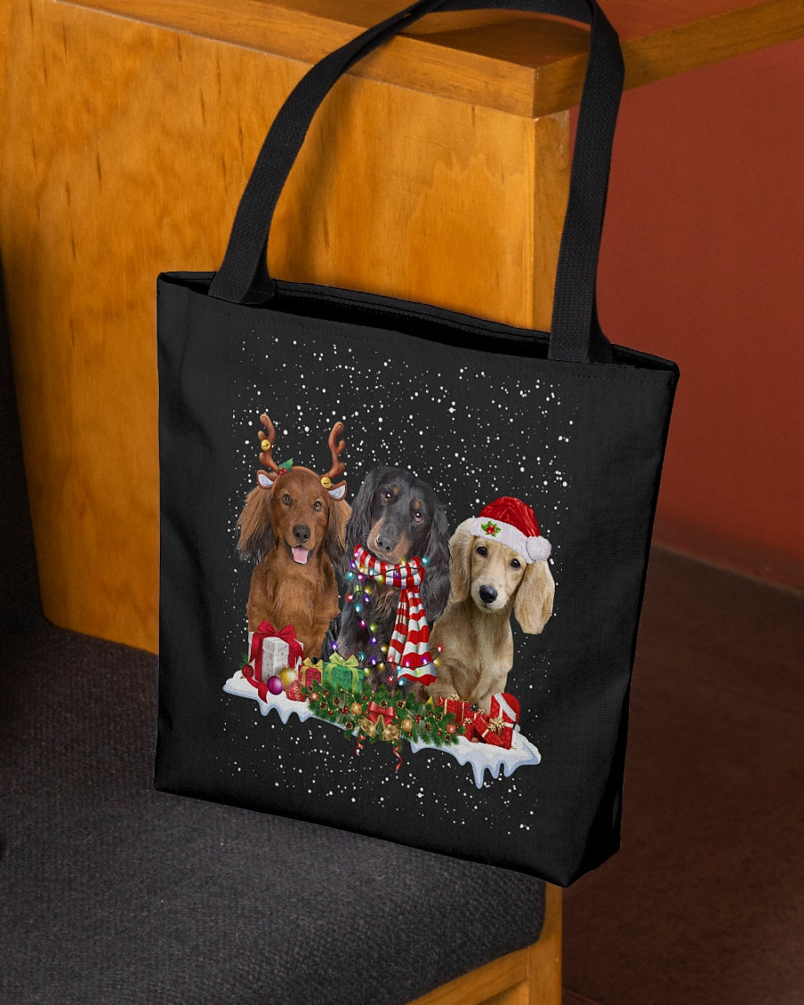 Christmas Buddies-LONG HAIRED Dachshund-Cloth Tote Bag