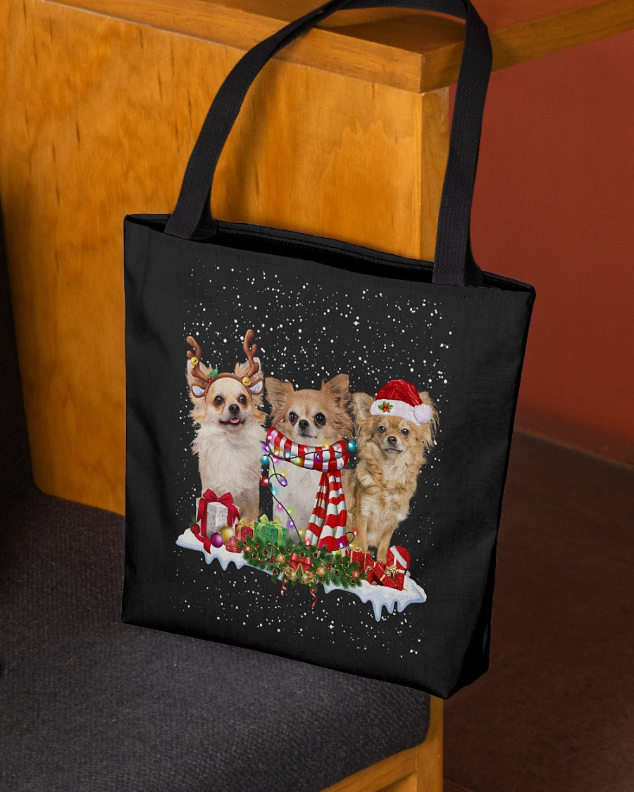 Christmas Buddies-Long haired Tan Chihuahua-Cloth Tote Bag