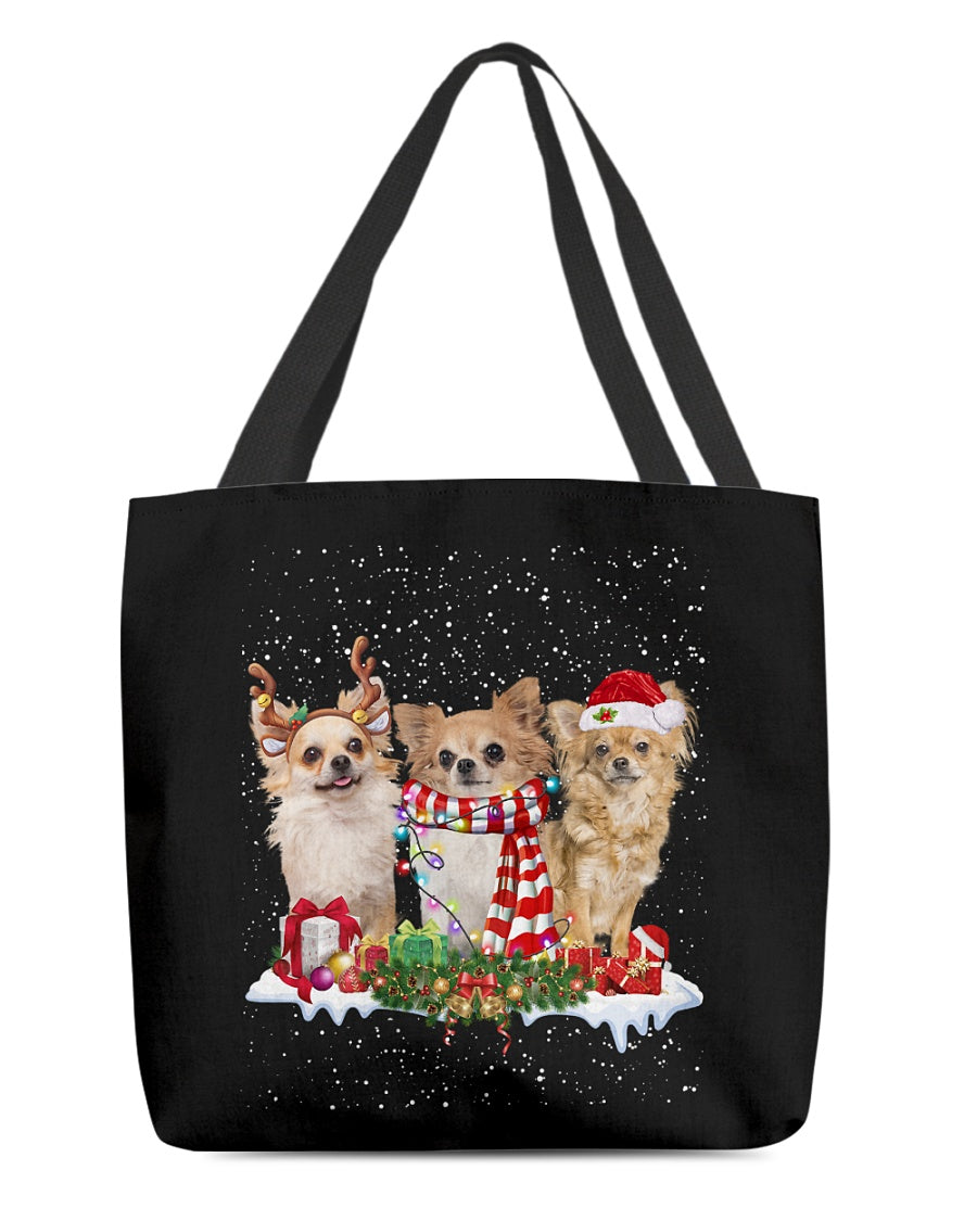 Christmas Buddies-Long haired Tan Chihuahua-Cloth Tote Bag