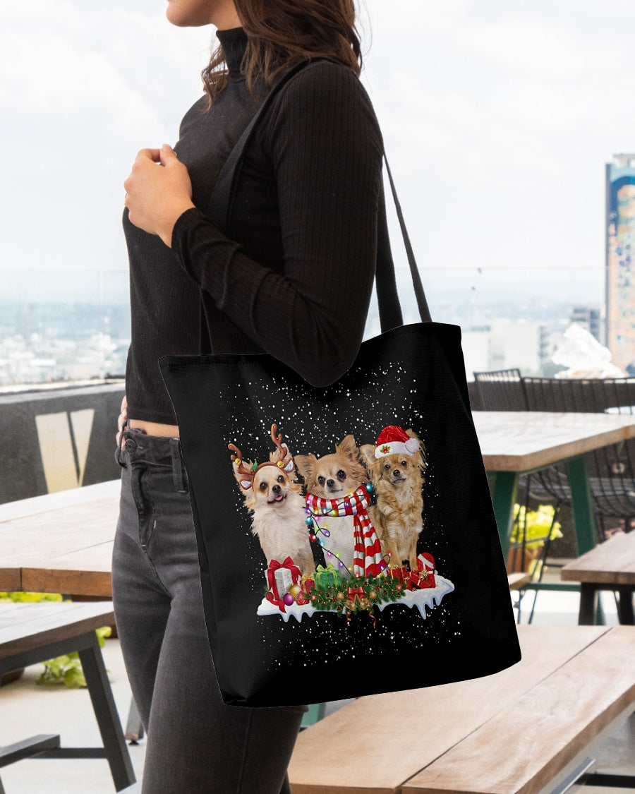 Christmas Buddies-Long haired Tan Chihuahua-Cloth Tote Bag