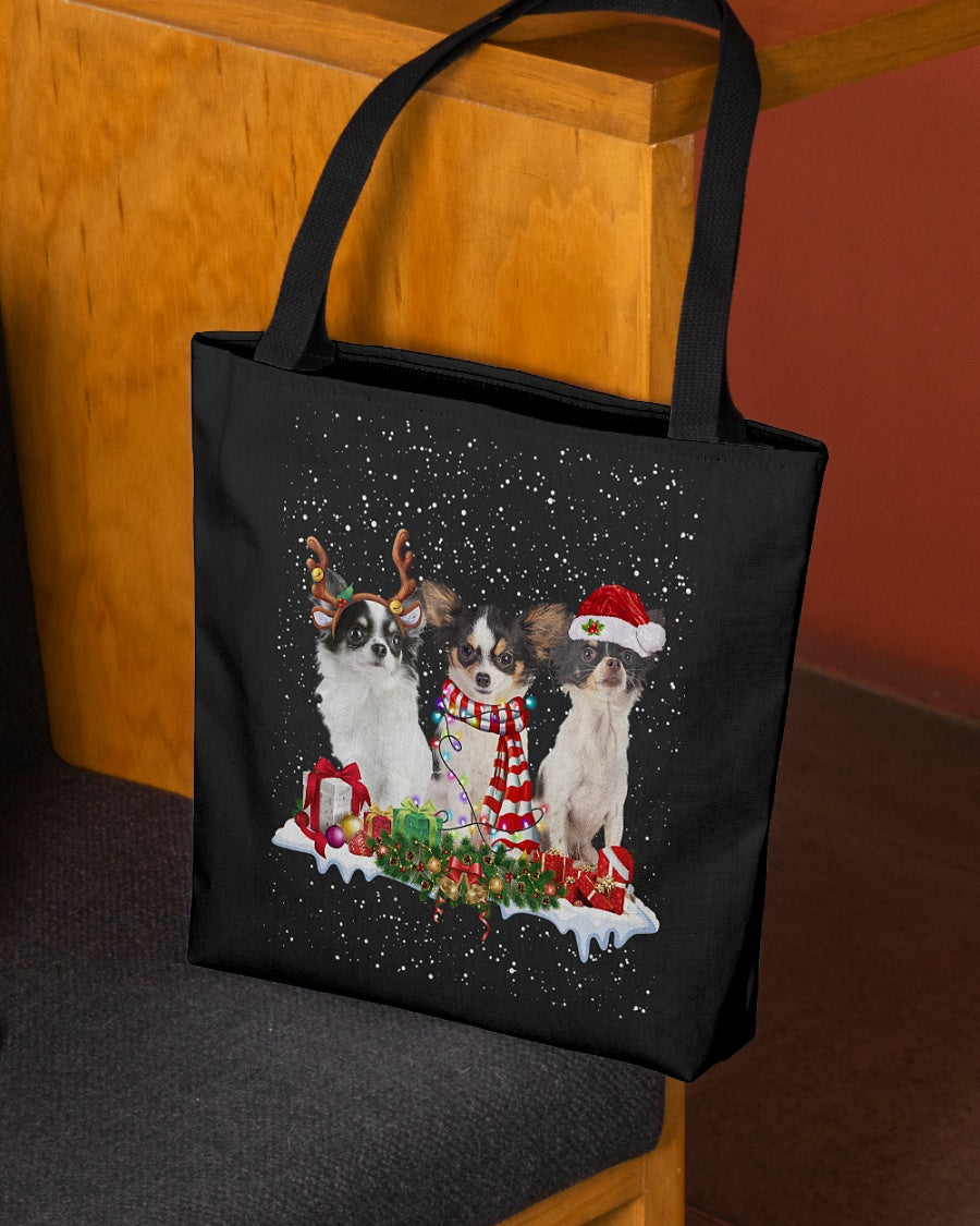 Christmas Buddies-Long haired White Chihuahua-Cloth Tote Bag