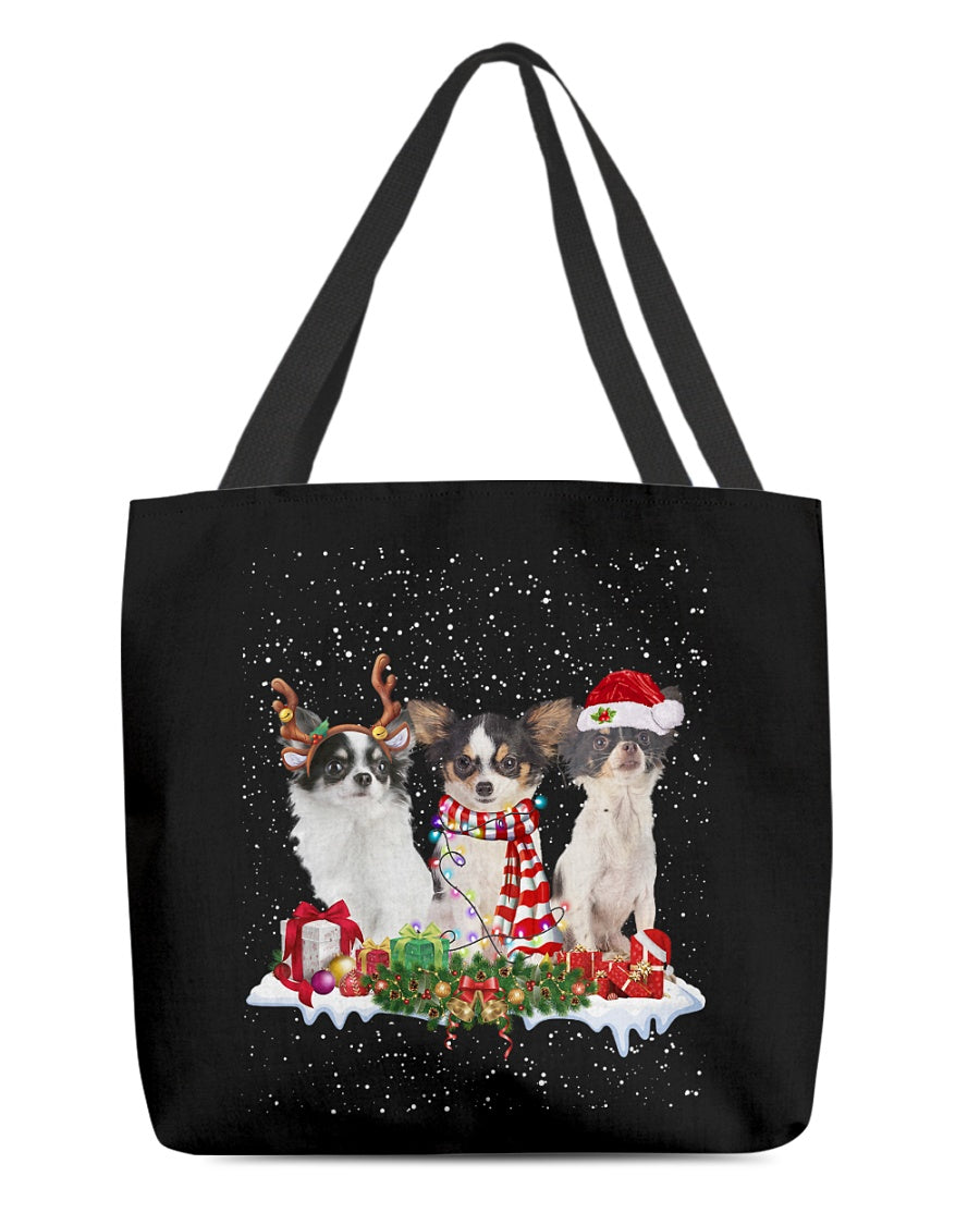 Christmas Buddies-Long haired White Chihuahua-Cloth Tote Bag