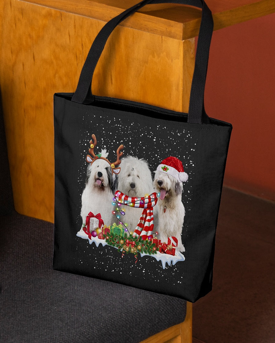 Christmas Buddies-Old English Sheepdog-Cloth Tote Bag