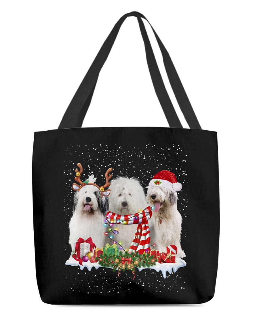 Christmas Buddies-Old English Sheepdog-Cloth Tote Bag