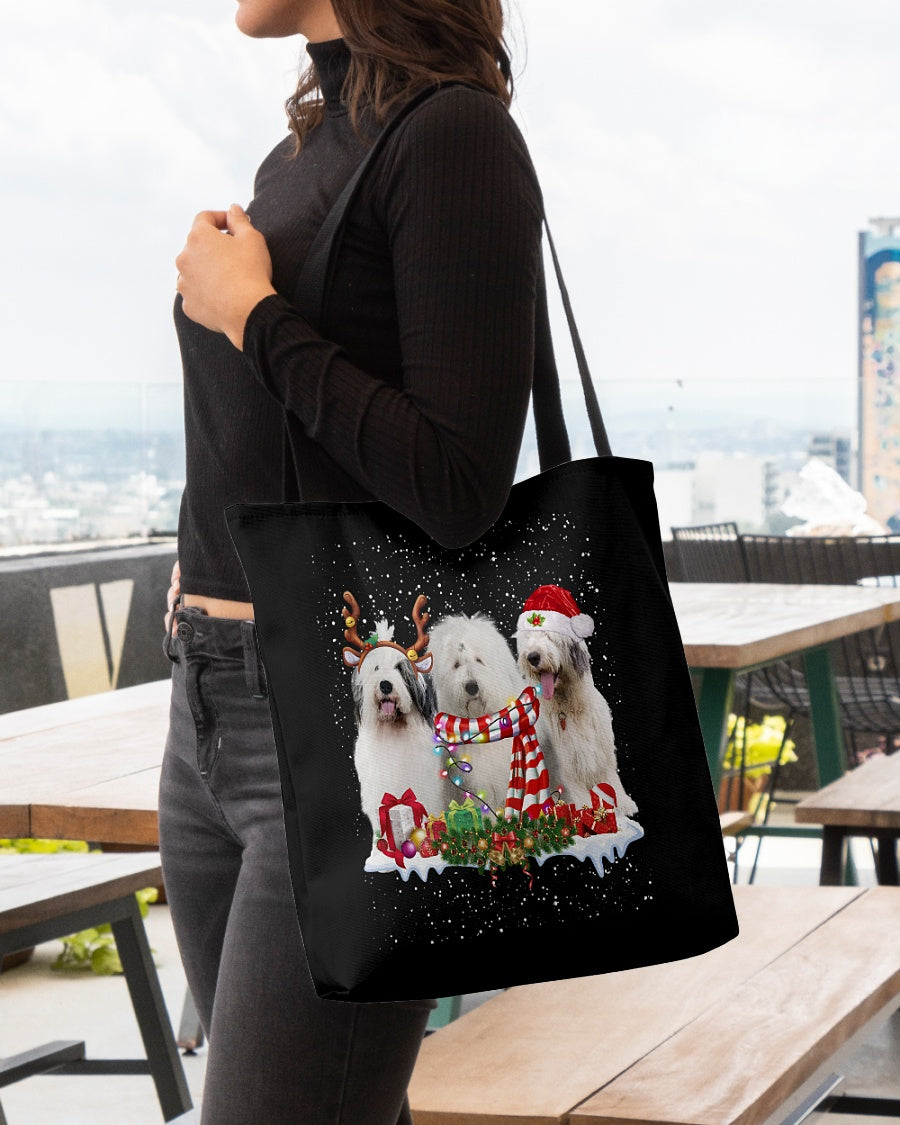 Christmas Buddies-Old English Sheepdog-Cloth Tote Bag