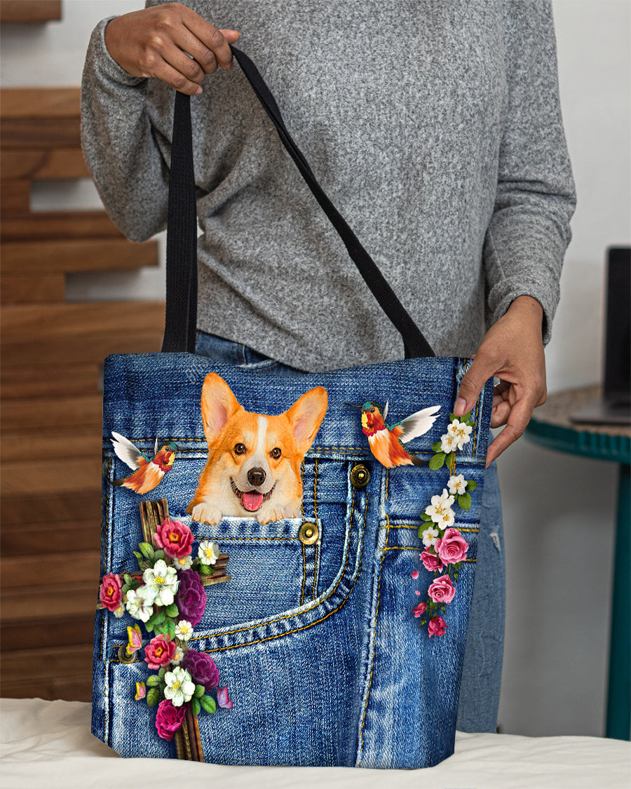 Corgi-Cardinal &amp; Cross Flower Cloth Tote Bag