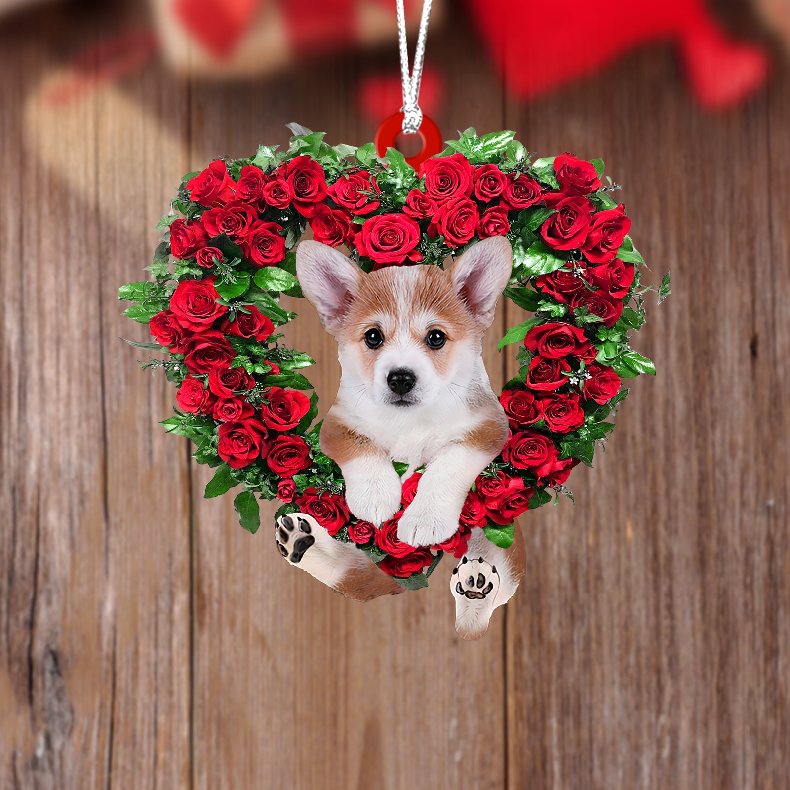 Corgi-Heart Wreath Two Sides Ornament
