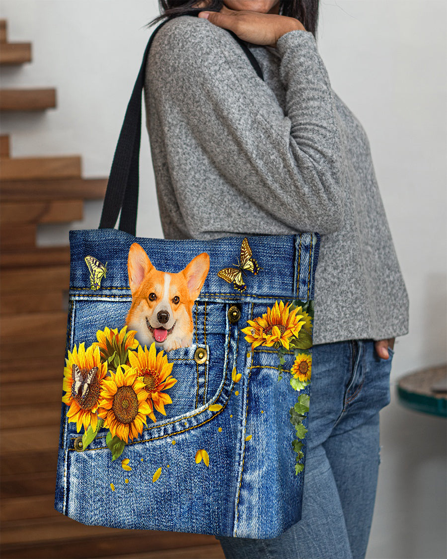 Corgi-Sunflowers &amp; Butterflies Cloth Tote Bag