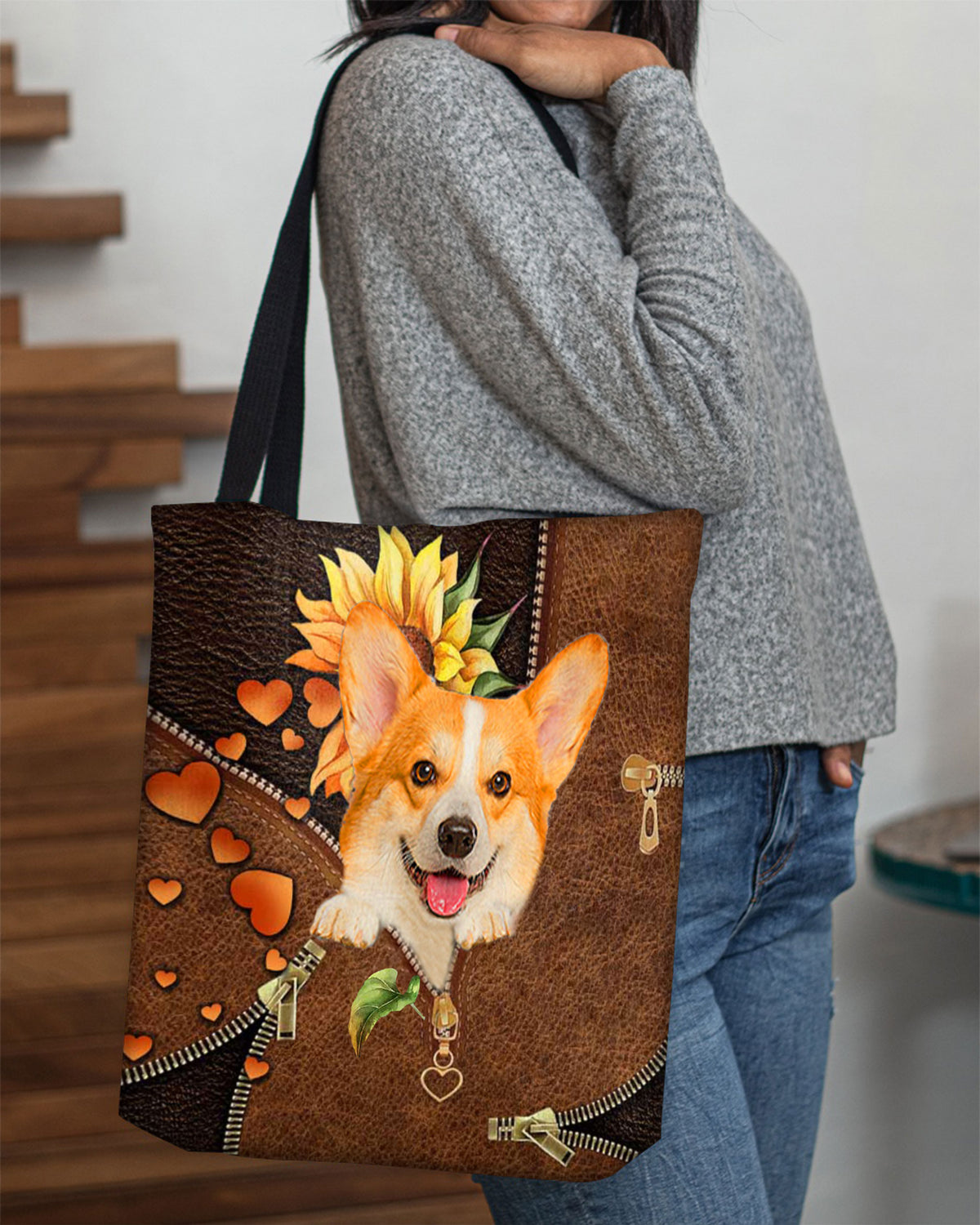 Corgi-Sunflower&amp;zipper Cloth Tote Bag