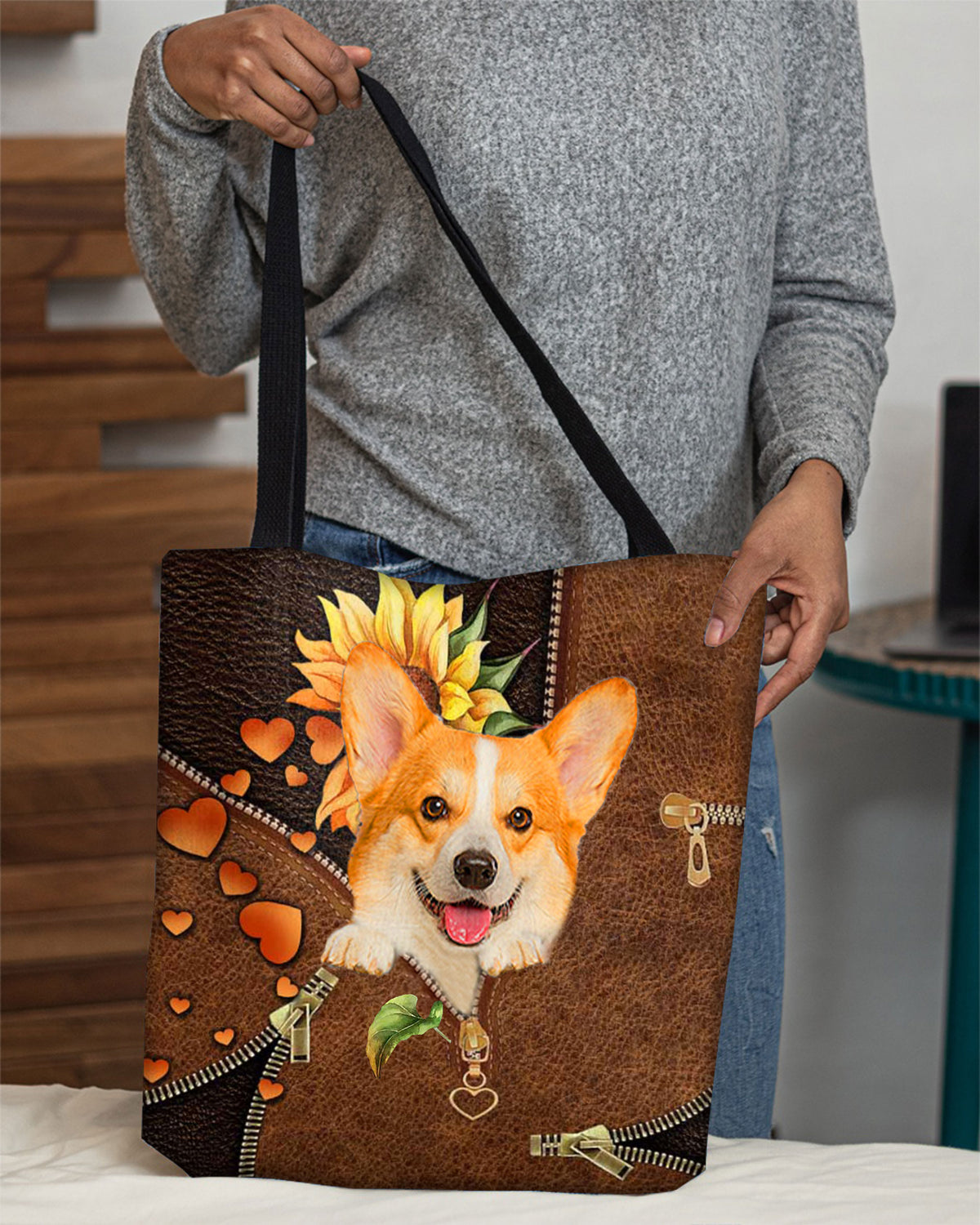 Corgi-Sunflower&amp;zipper Cloth Tote Bag
