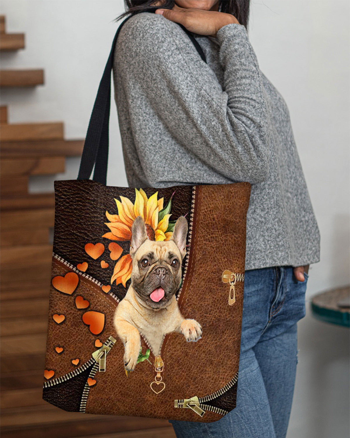 Cream French Bulldog-Sunflower&amp;zipper Cloth Tote Bag
