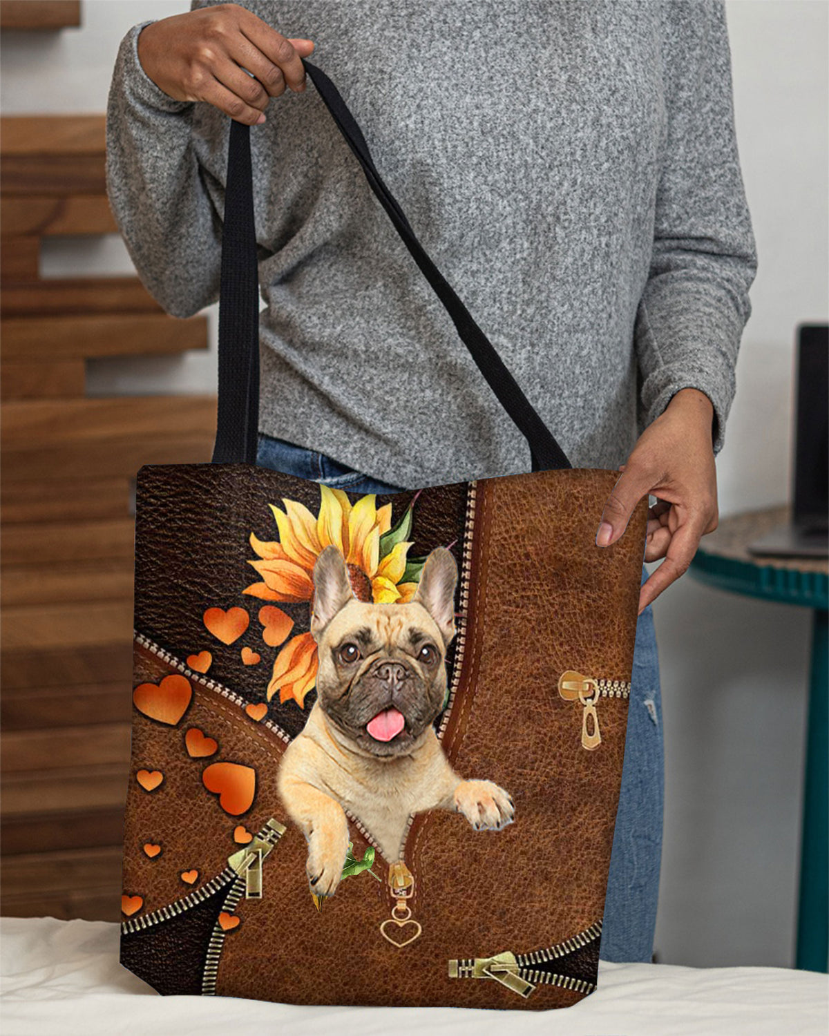Cream French Bulldog-Sunflower&amp;zipper Cloth Tote Bag