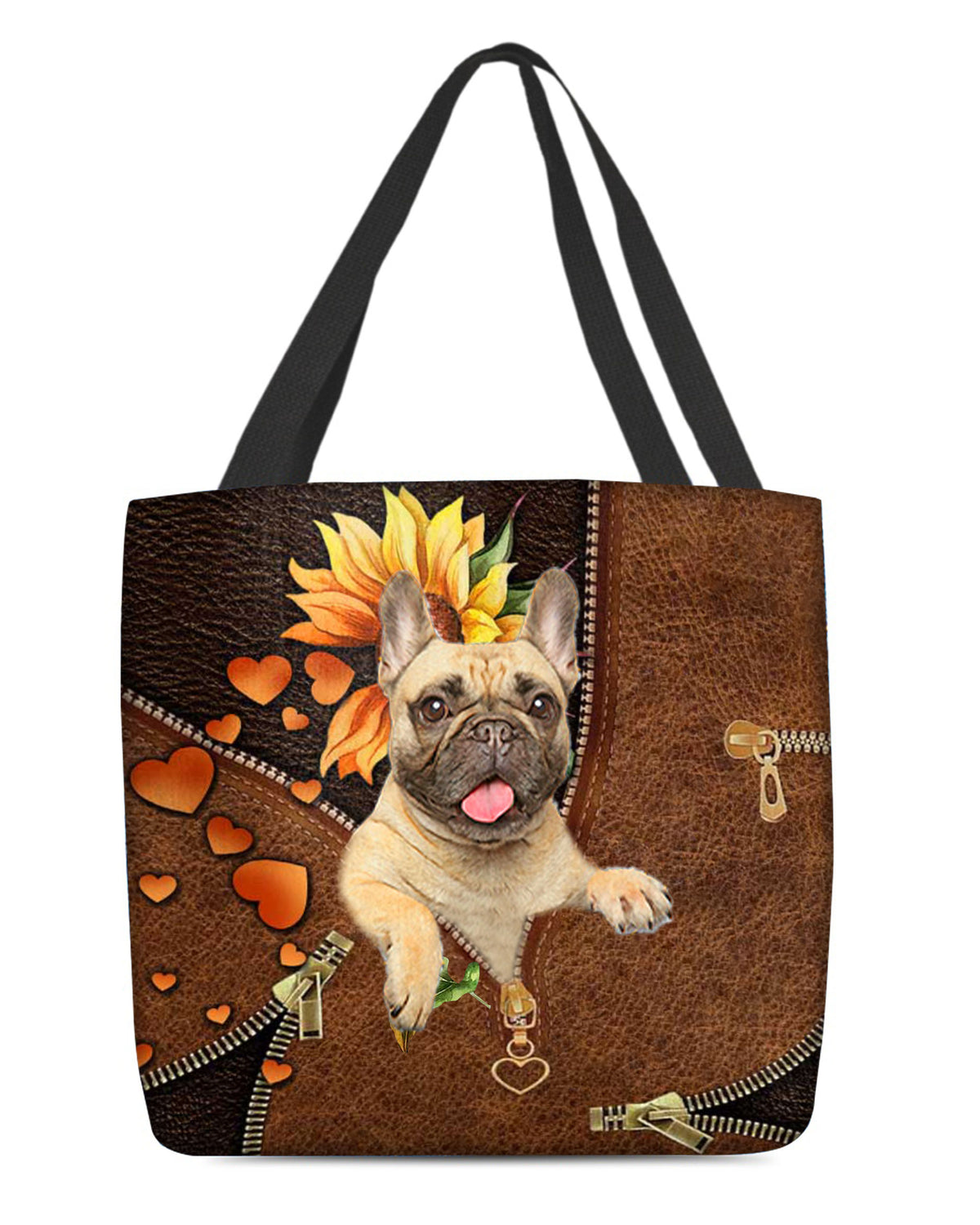 Cream French Bulldog-Sunflower&amp;zipper Cloth Tote Bag