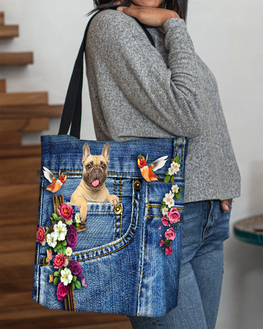 Cream French Bulldog-Cardinal &amp; Cross Flower Cloth Tote Bag