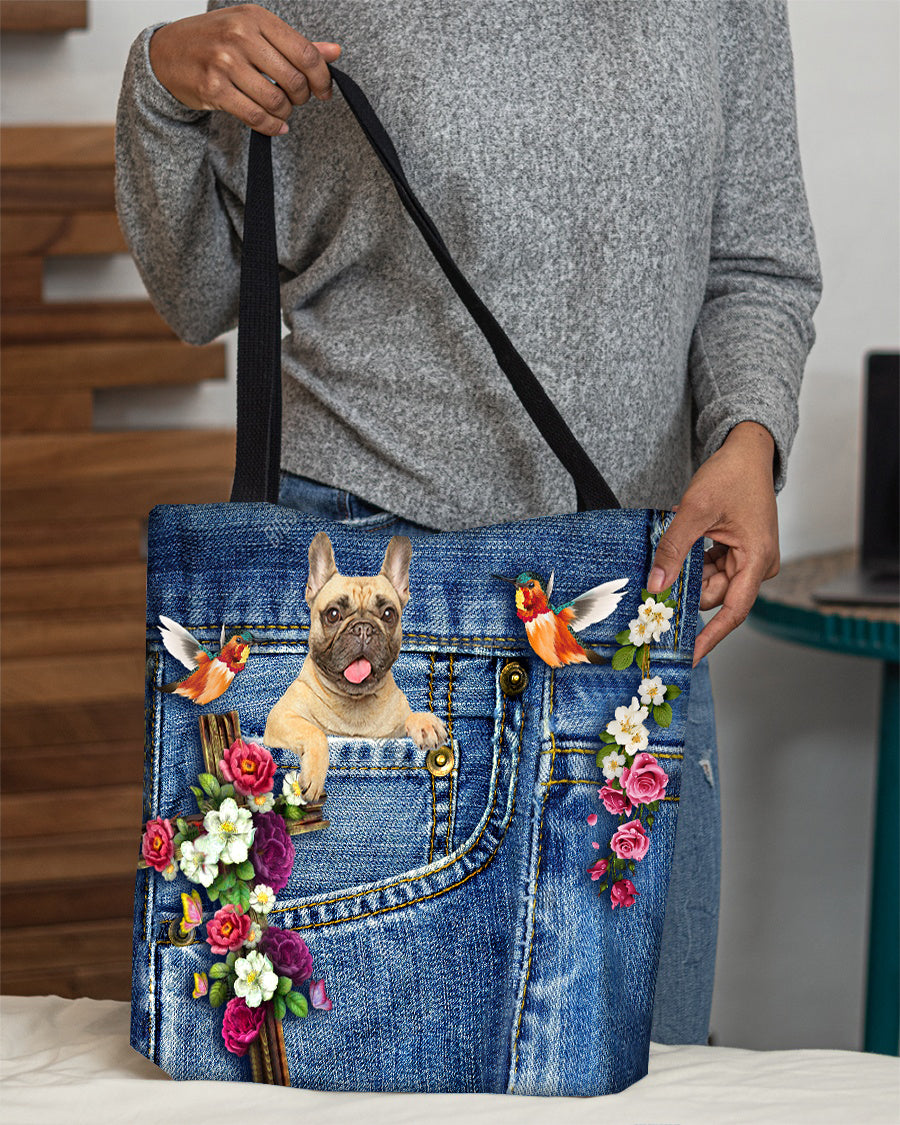 Cream French Bulldog-Cardinal &amp; Cross Flower Cloth Tote Bag