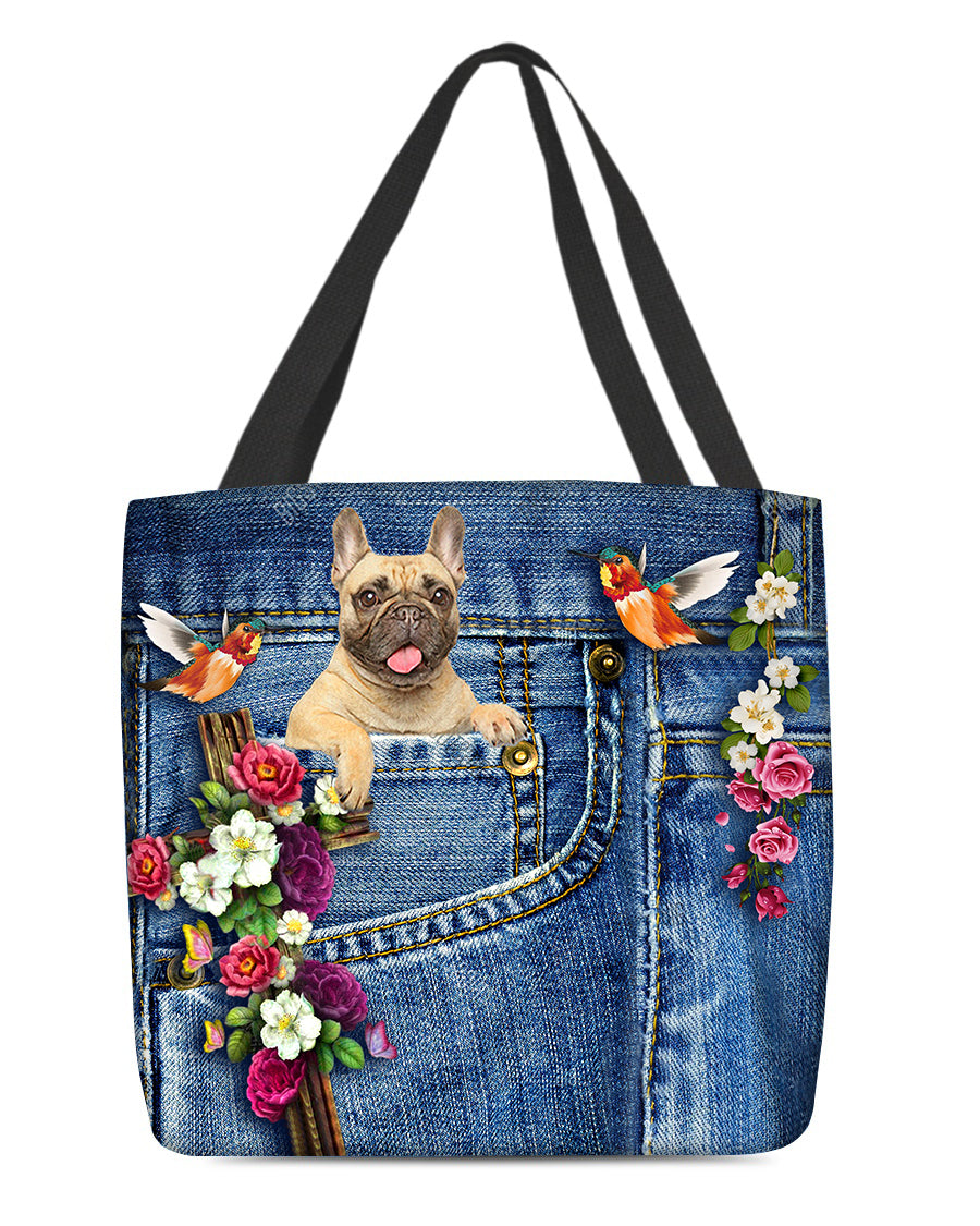 Cream French Bulldog-Cardinal &amp; Cross Flower Cloth Tote Bag