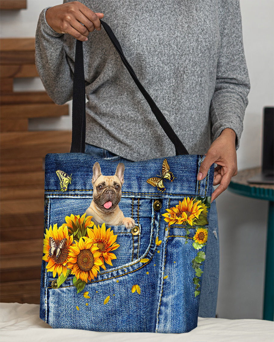 Cream French Bulldog-Sunflowers &amp; Butterflies Cloth Tote Bag