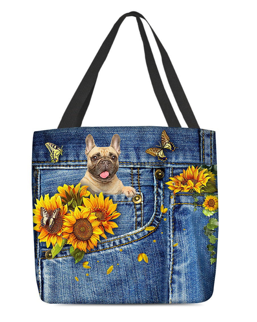 Cream French Bulldog-Sunflowers &amp; Butterflies Cloth Tote Bag