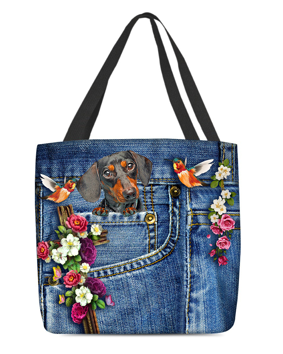 Dachshund-Cardinal &amp; Cross Flower Cloth Tote Bag