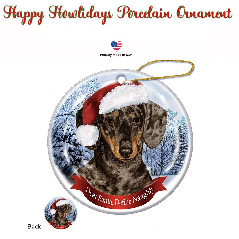 Dachshund Dapple Chocolate &amp; Tan Santa Hat Porcelain Christmas Ornament
