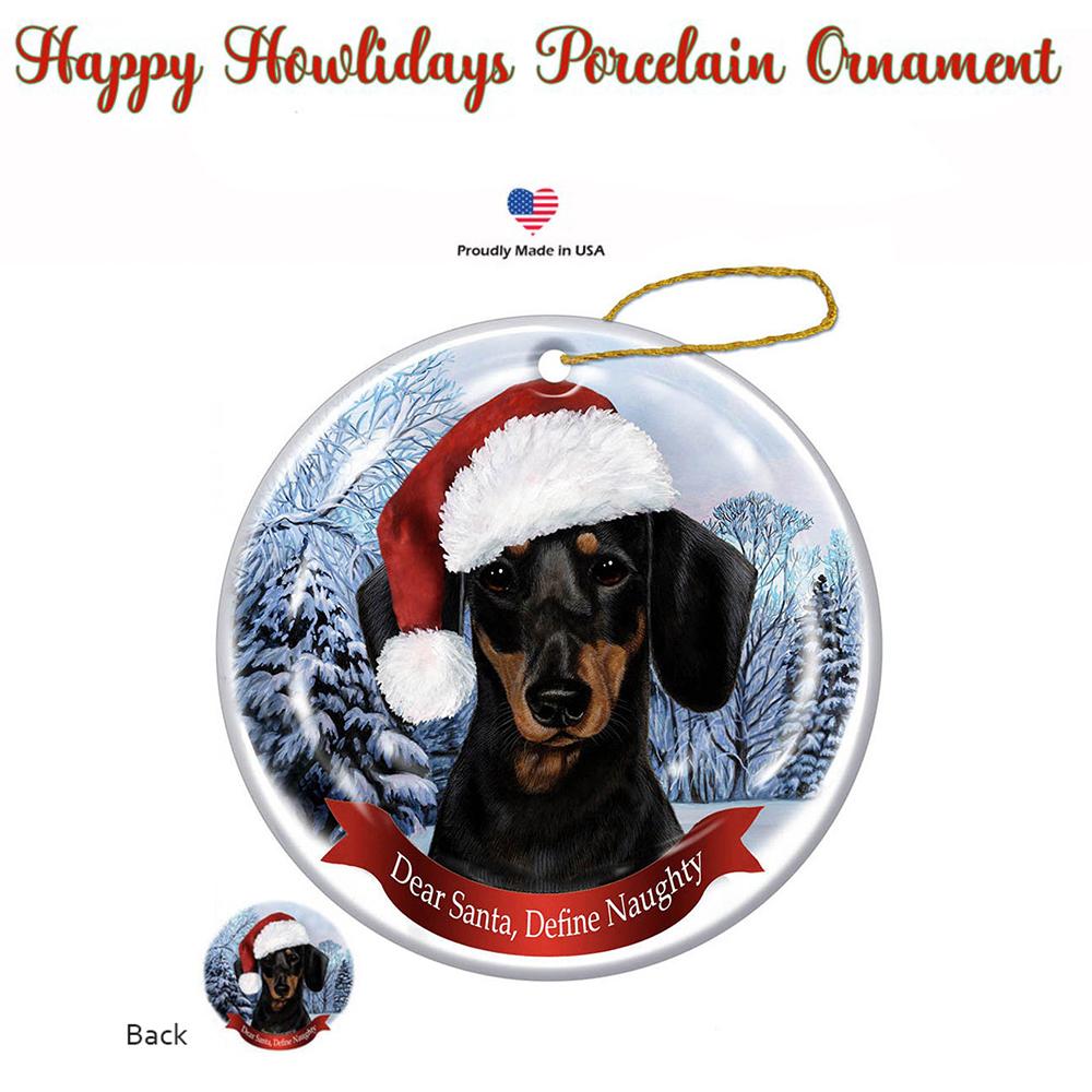 Dachshund (Black &amp; Tan) Santa Hat Porcelain Christmas Ornament