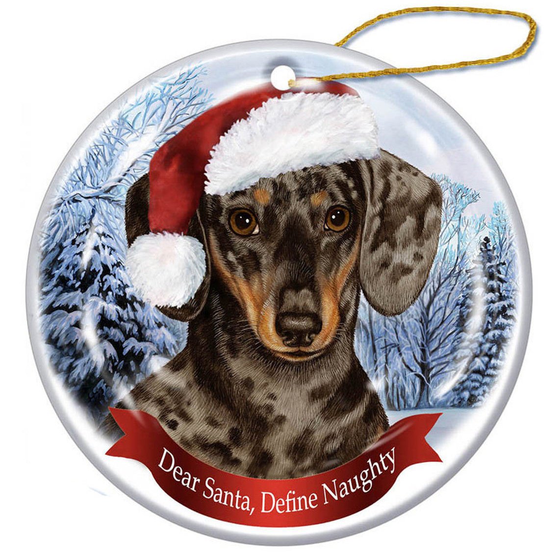 Dachshund Dapple Chocolate &amp; Tan Santa Hat Porcelain Christmas Ornament