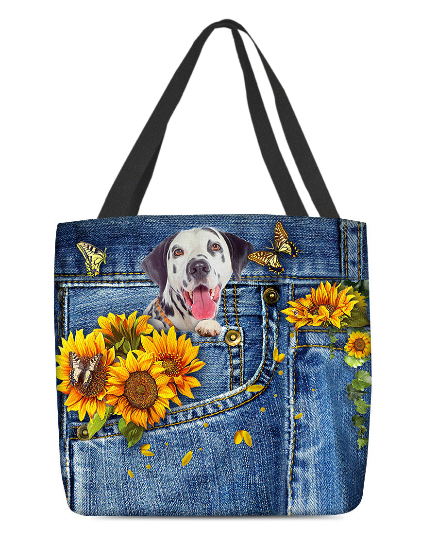 Dalmatian-Sunflowers &amp; Butterflies Cloth Tote Bag
