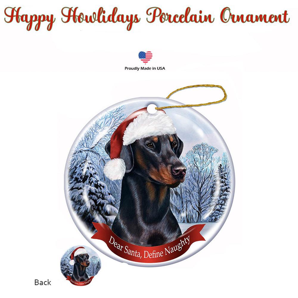 Doberman Black Uncropped Santa Hat Porcelain Christmas Ornament