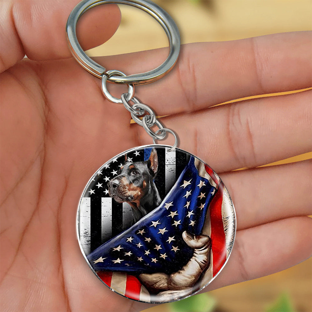 Doberman-Inside American Flag Independence Day Round Resin Epoxy Metal Keychain