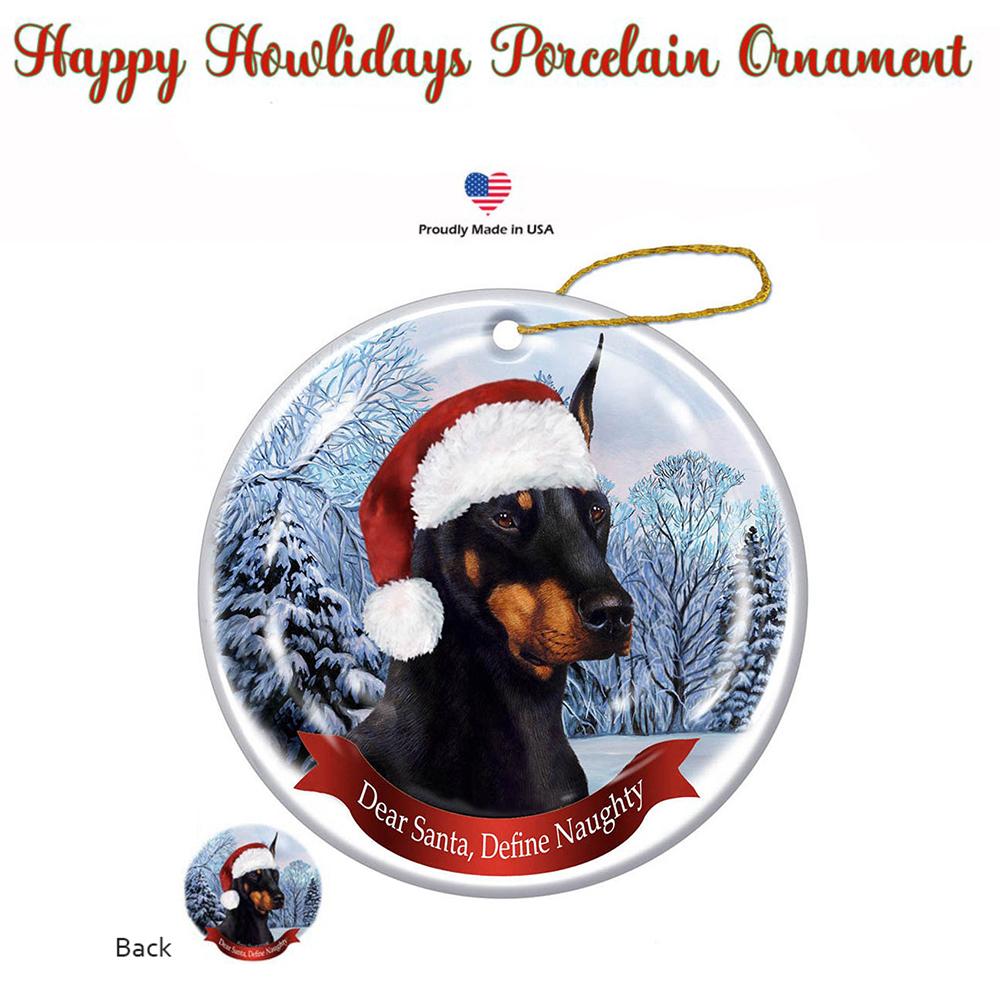 Doberman (Black) Santa Hat Porcelain Christmas Ornament