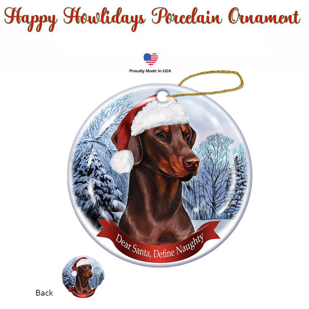 Doberman (Red) Uncropped Santa Hat Porcelain Christmas Ornament