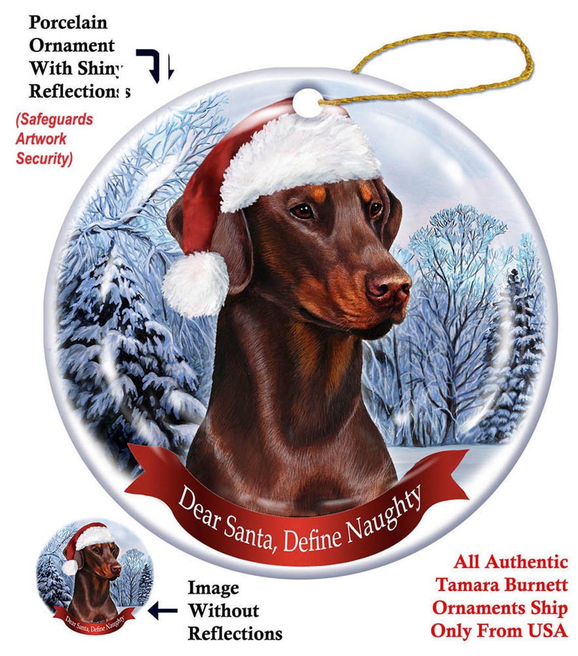 Doberman (Red) Uncropped Santa Hat Porcelain Christmas Ornament