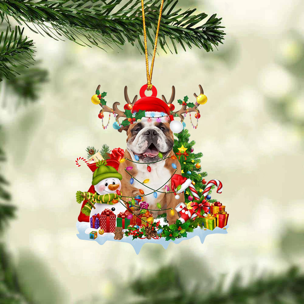 English Bulldog-Elk &amp; Snowman-Two Sided Ornament