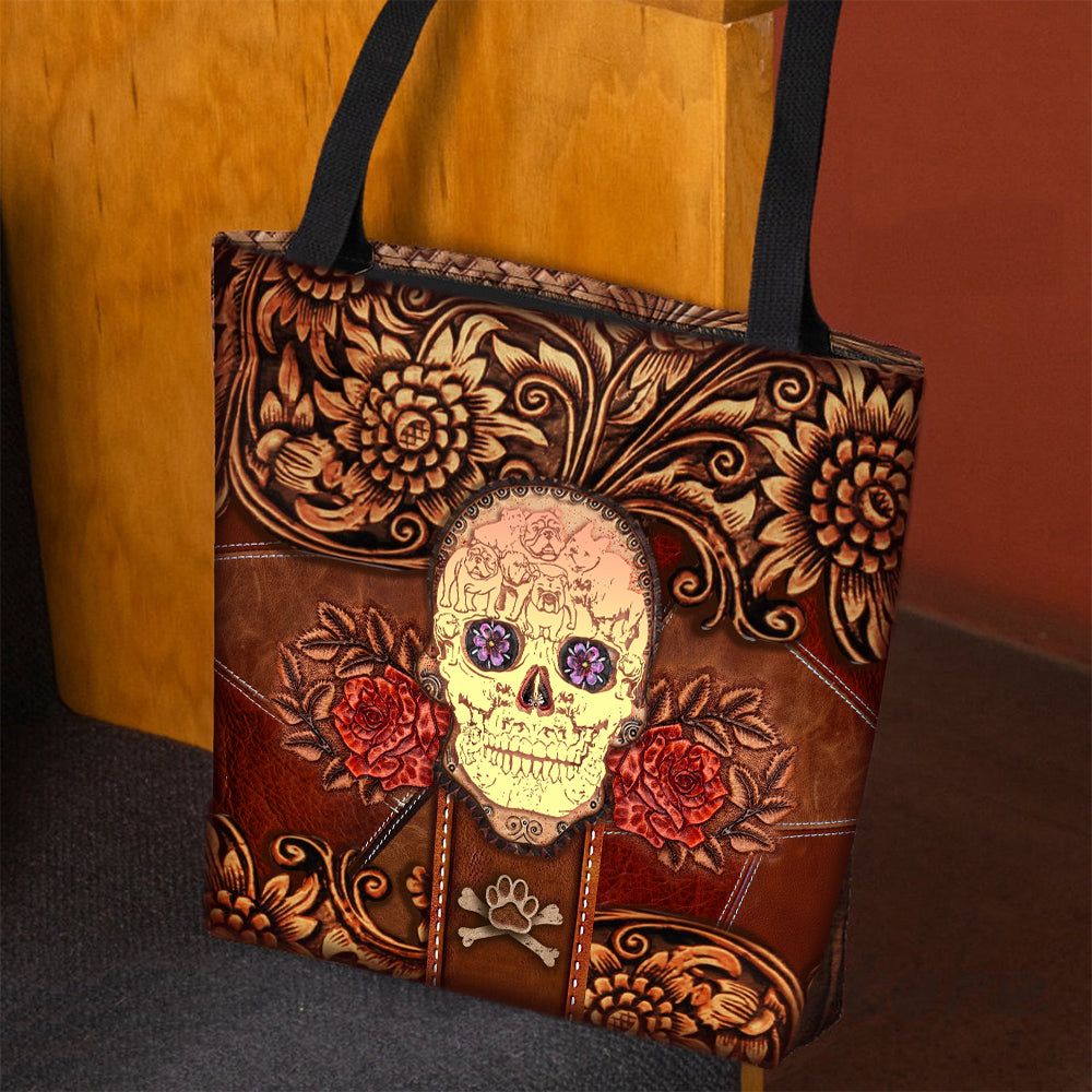 English Bulldog Skull Flower Cloth Tote Bag