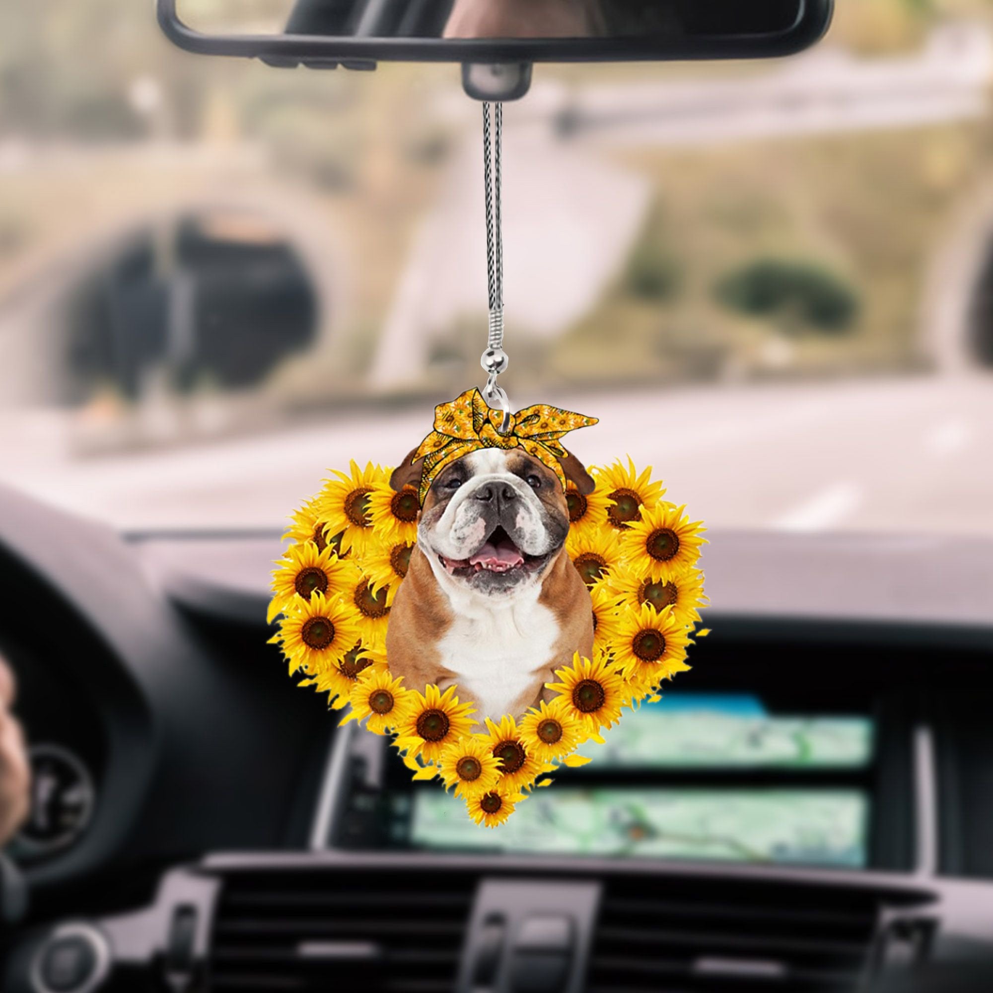 English Bulldog-Sunflower Heart gift Car Ornament