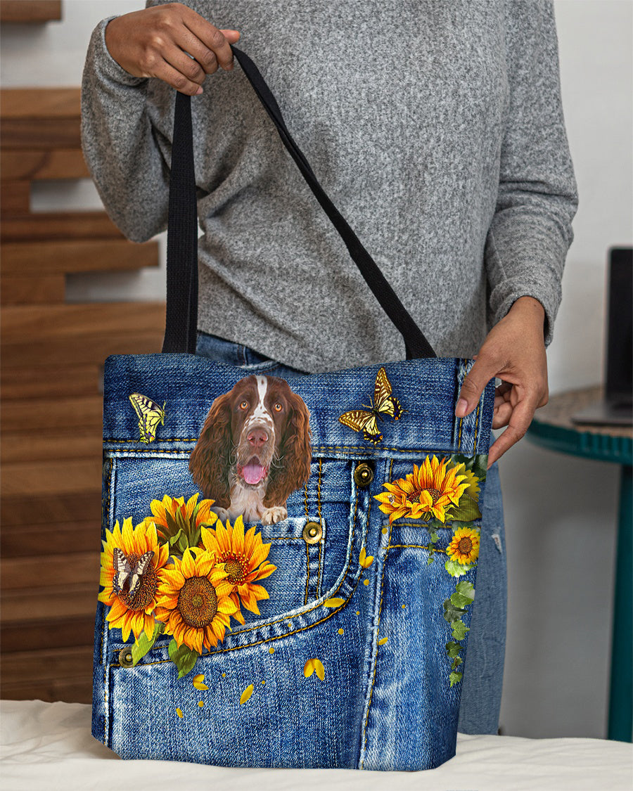 English Springer Spaniel-Sunflowers &amp; Butterflies Cloth Tote Bag