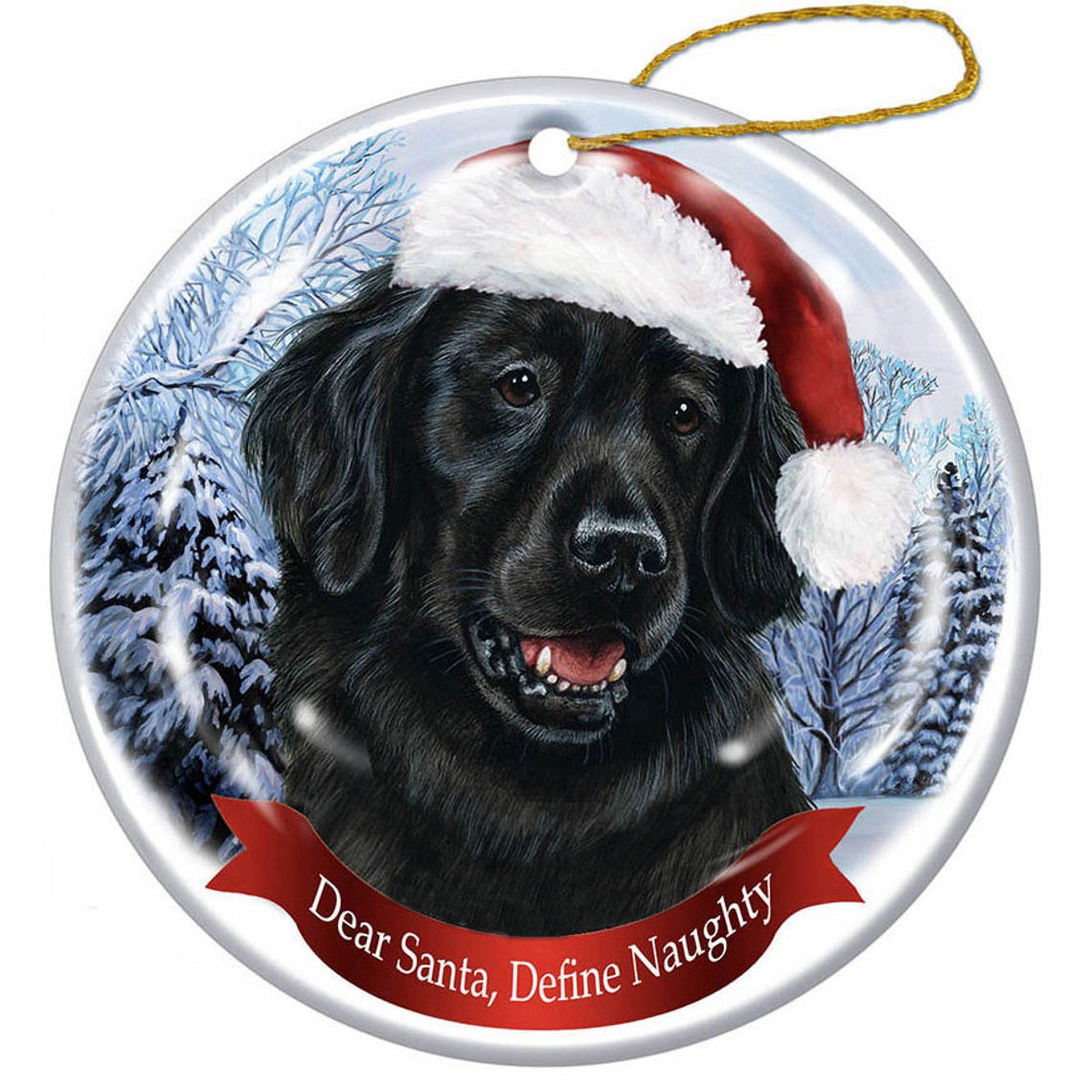 Flat Coated Retriever Santa Hat Porcelain Christmas Ornament